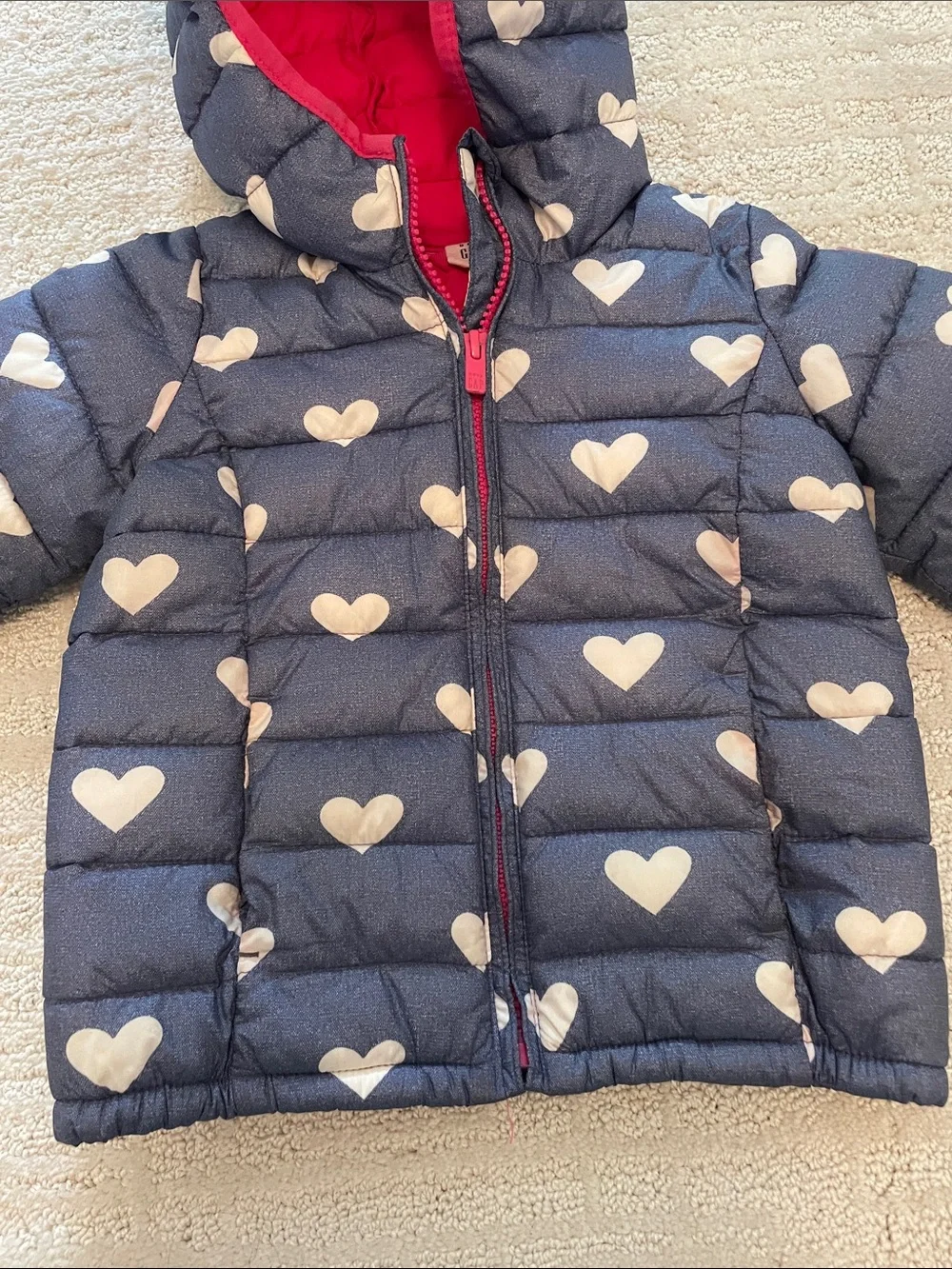 GAP Blue and White Heart Print Puffer with Bright Pink Lining
